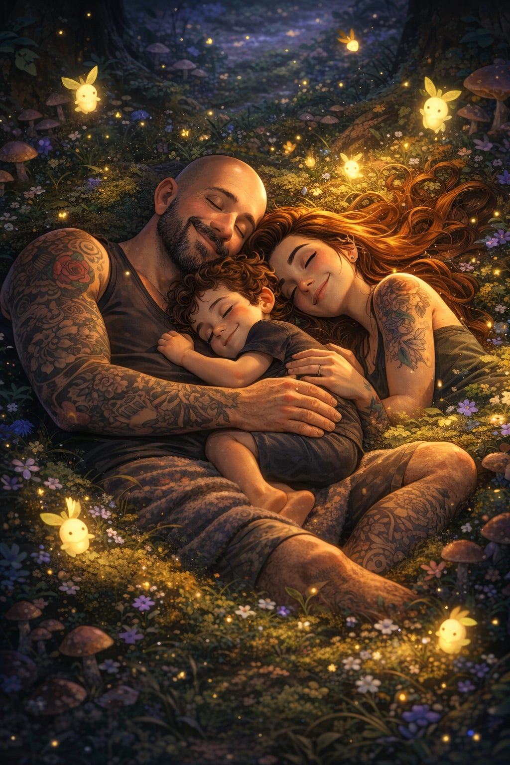 Three figures representing the Inner Nuclear Family: Johnny (adult self), Alina (feminine aspect), and the inner child in a peaceful slumber