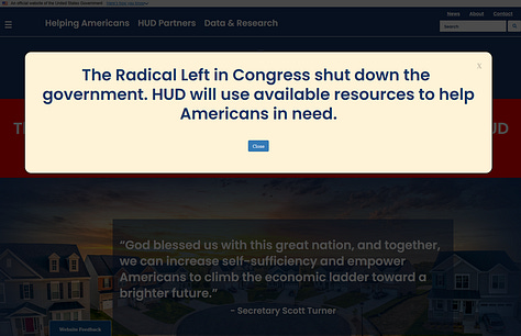 Pop-ups and website banners blaming Democrats for the shutdown.