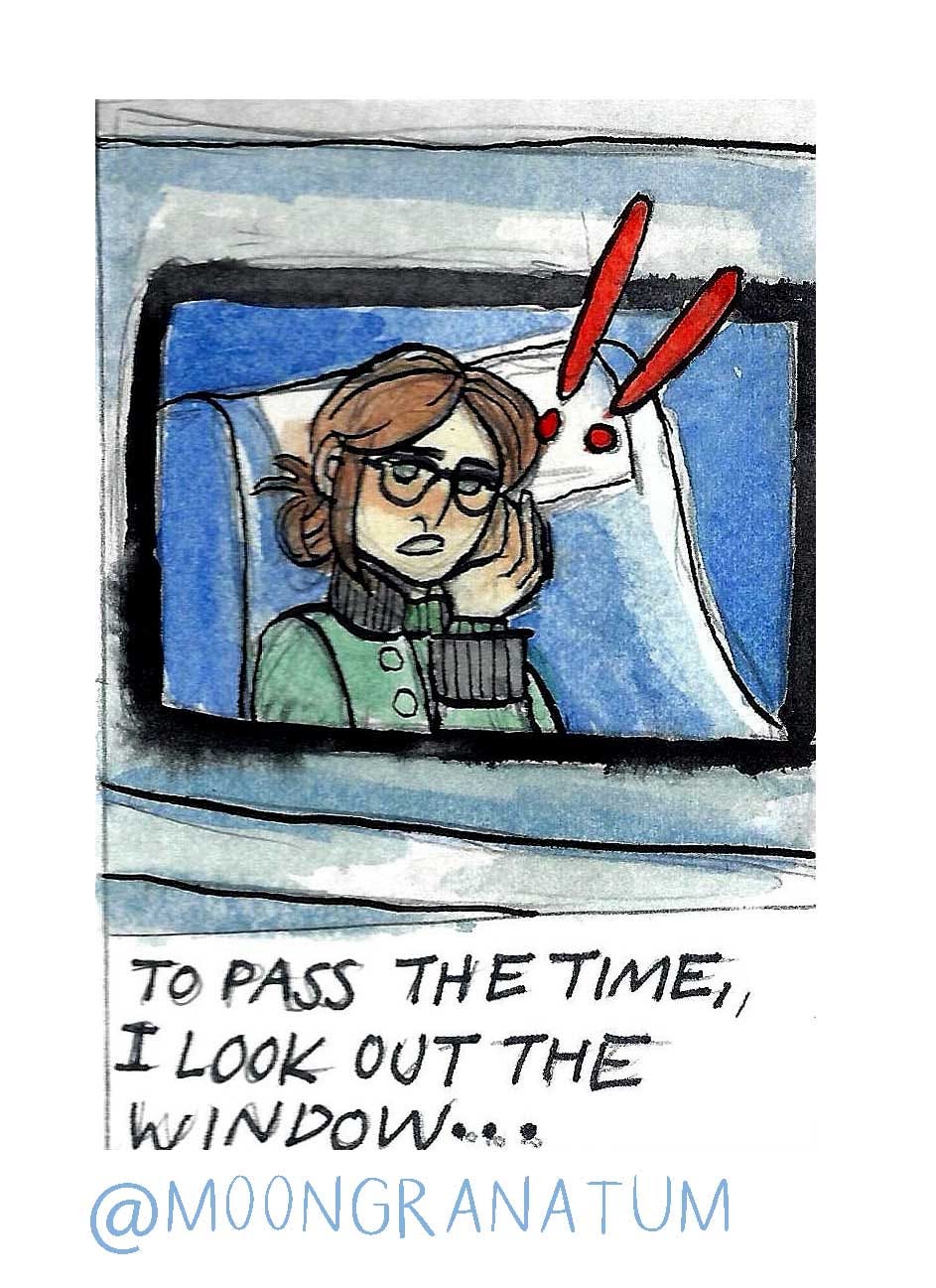 Moongranatum, watercolor train ride comic. Panel 3 text reads: To pass the time, I look out the window. 