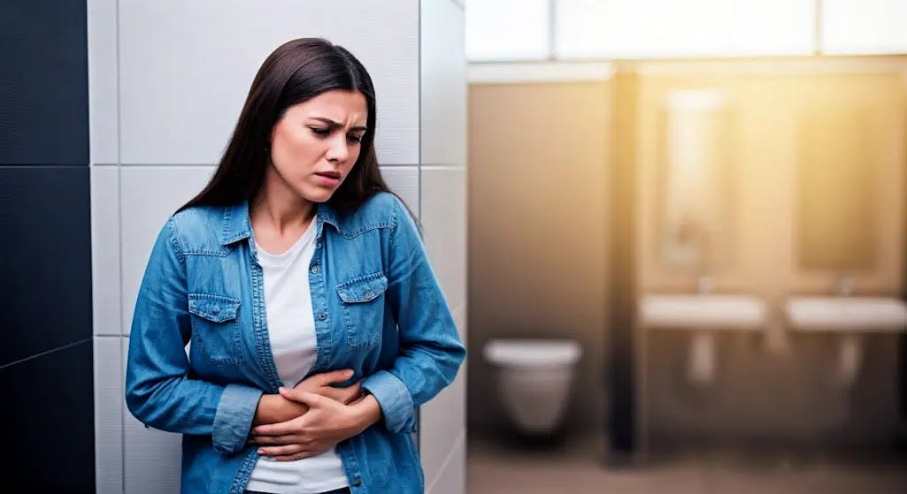A young woman nervously waits outside a restroom, gripping her abdomen with urgent need.