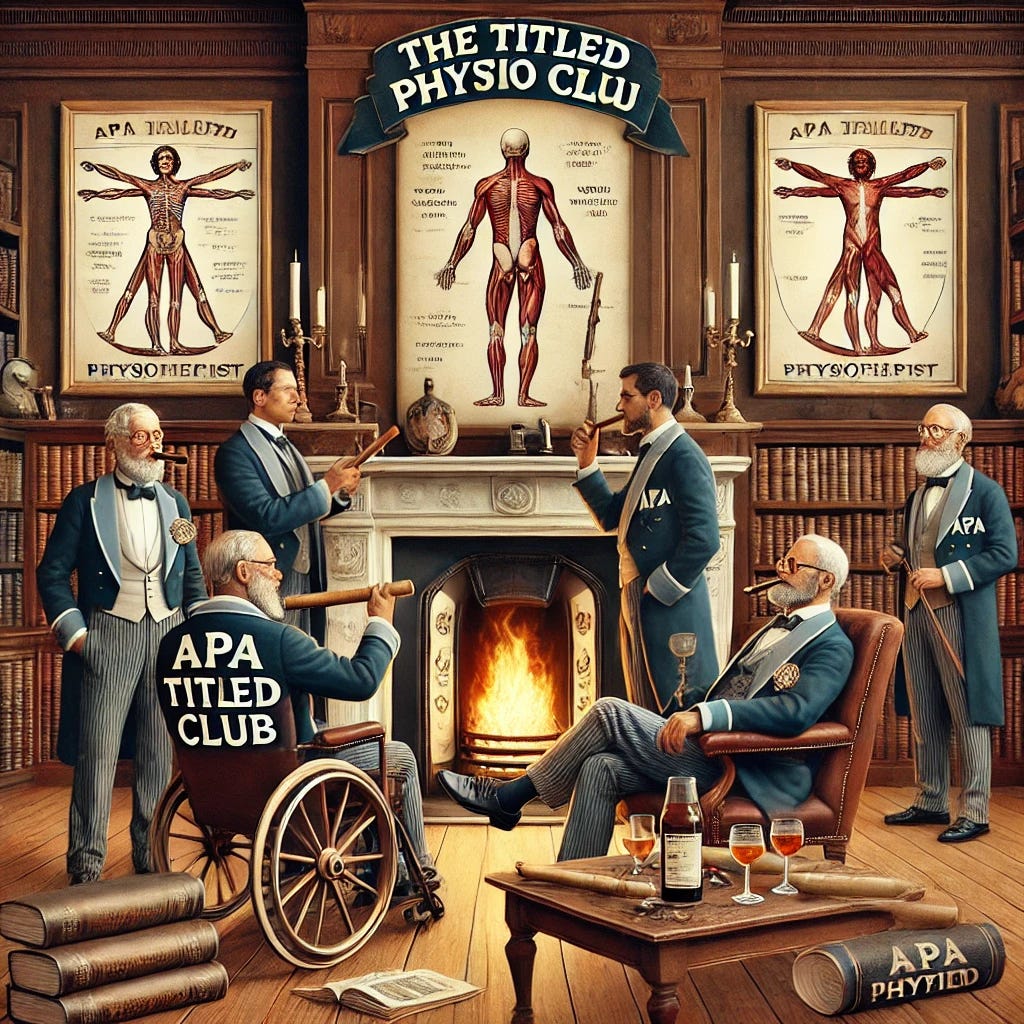 A satirical illustration of an old-school gentleman's club titled 'The Titled Physio Club'. The room is lavish with dark wood, leather armchairs, cigars, whisky glasses, and vintage medical anatomy prints on the walls. A fireplace crackles in the background. A few physiotherapists in academic robes or suits with 'APA Titled' badges relax in armchairs. One polishes a diploma scroll, another points to a mounted diploma like a hunting trophy. The tone is tongue-in-cheek and metaphorical, poking fun at internal recognition and exclusivity within healthcare.