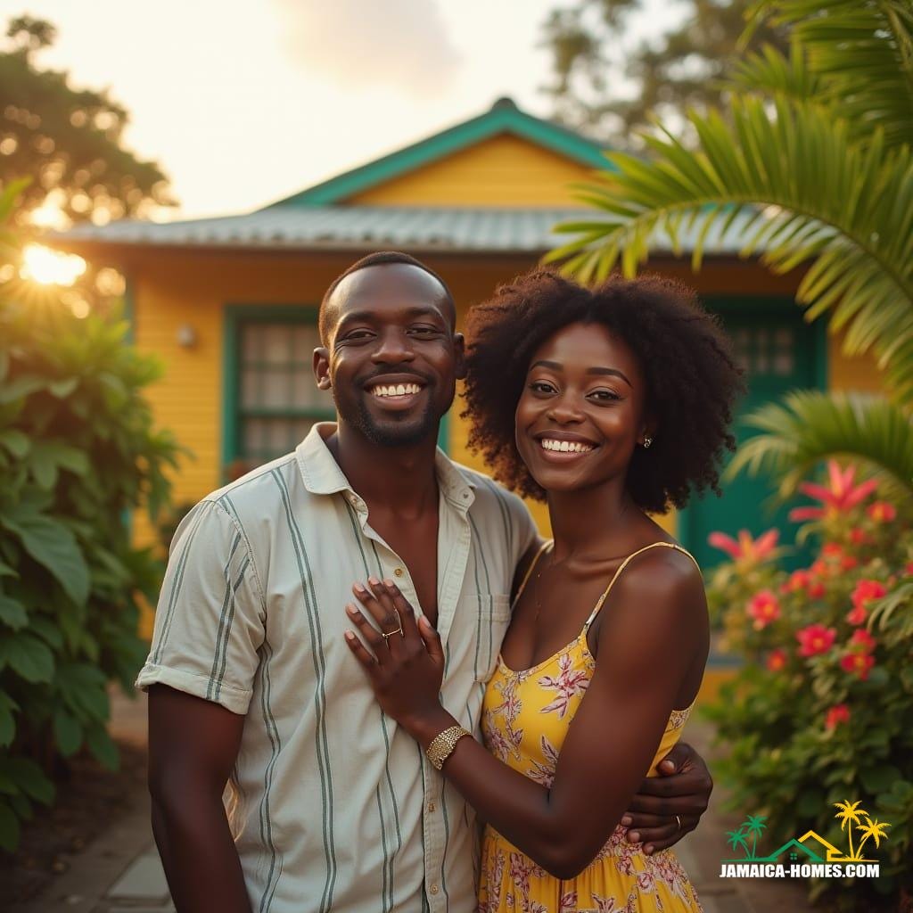Black couple, mid-30s, beaming with joy, standing in front of their vibrant Caribbean home in Jamaica, surrounded by lush greenery and colorful tropical flowers, with a subtle "For Sale" sign visible on the property. The warm, golden light of the Caribbean sun casts a gentle glow on their smiling faces, as they gaze out at the viewer, embracing the excitement of upgrading to a modern property. Cinematic film still, shot on V-Raptor XL, with a rich, cinematic aesthetic, incorporating film grain, vignette, and precise color grading, post-processed to perfection. Inspired by the dramatic, atmospheric lighting of cinematographers like Emmanuel Lubezki and Roger Deakins, with a hint of Wong Kar-wai's vibrant color palette, this image embodies the epic, stunning, and dramatic qualities of a 35mm film masterpiece.