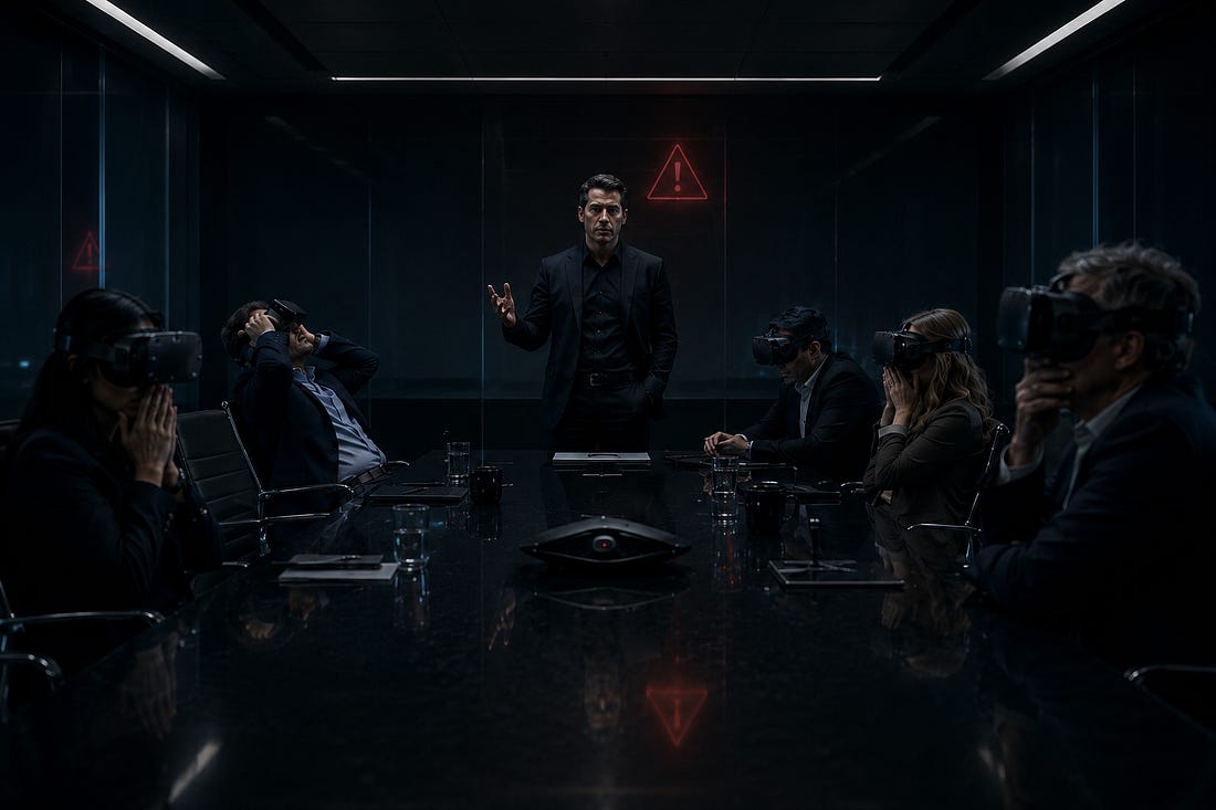 Investors wearing virtual reality headsets around a dark boardroom table while a founder immerses them in a stressful customer problem. Investors wearing virtual reality headsets around a dark boardroom table while a founder immerses them in a stressful customer problem.