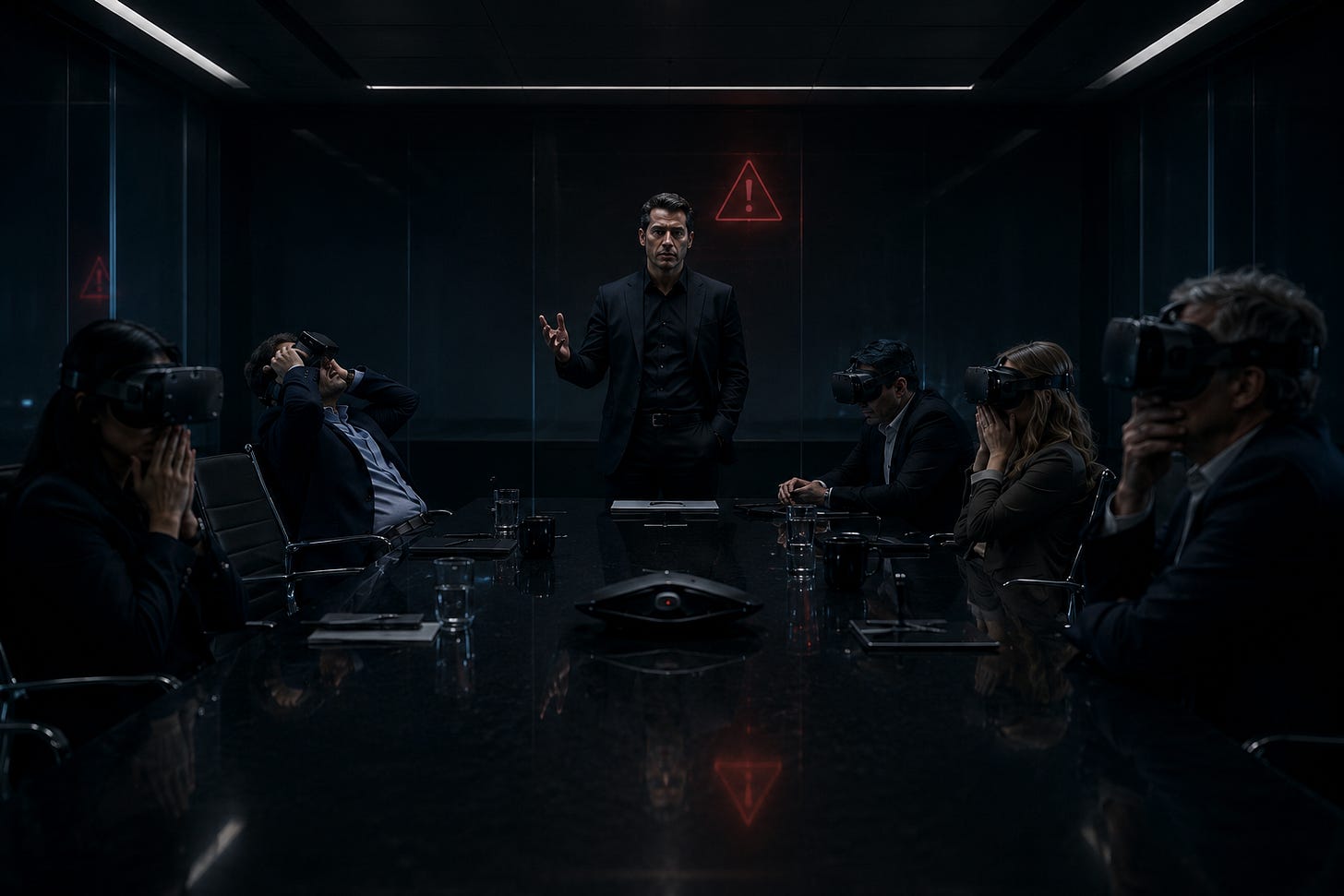 Investors wearing virtual reality headsets around a dark boardroom table while a founder immerses them in a stressful customer problem. Investors wearing virtual reality headsets around a dark boardroom table while a founder immerses them in a stressful customer problem.