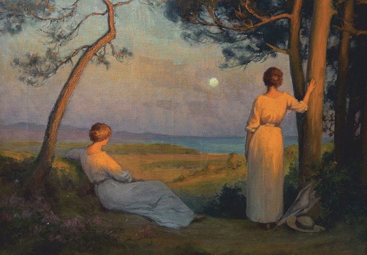 This may contain: two women sitting on the ground in front of some trees and grass, one woman is looking at the moon