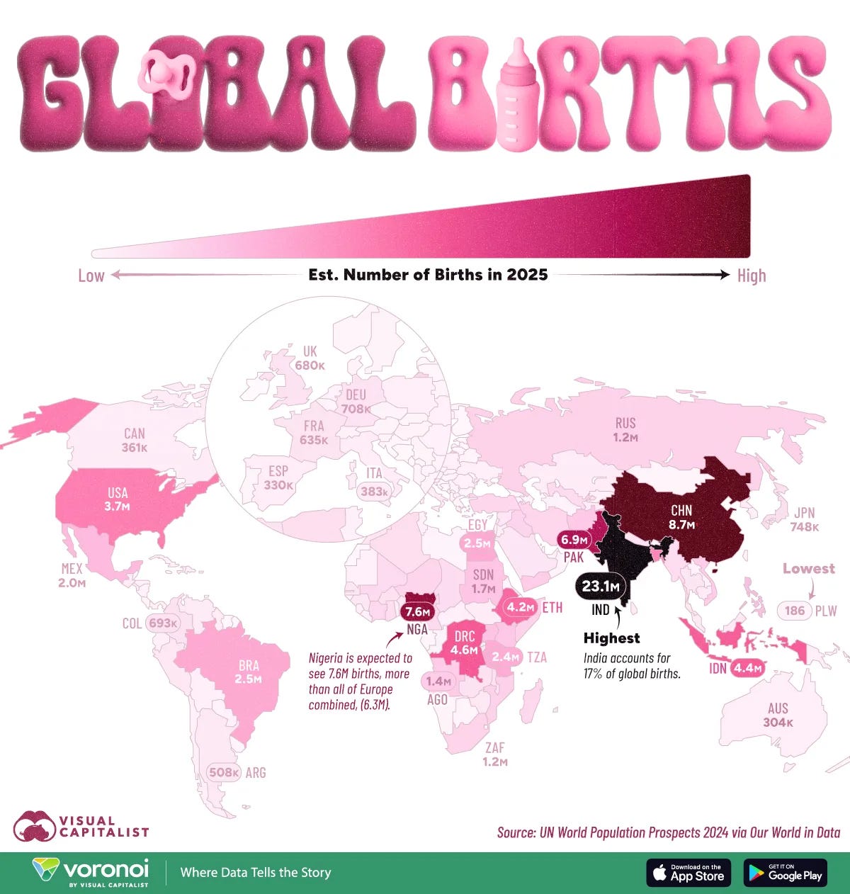 Map showing the number of births by country in 2025.