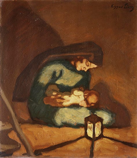 A collection of images of Mary at the manger: 1. Albin Egger-Lienz; 2. Sandra Bierman;