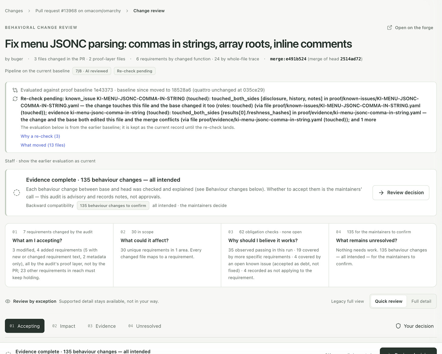 PR 13968 evidence review: The JSONC PR review retains its evaluated revision and observations, while flagging a re-check after the proof baseline moved. This is evidence for a particular revision, not a current blanket approval of the PR. Captured on 15 October 2026.