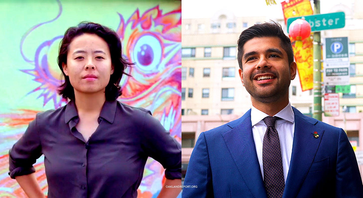 Oakland city council member Charlene Wang is facing community organizer Nate Adams in the District 2 council race. (Photos from the candidates’ campaign websites)