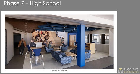 Images of the plans for Saratoga Springs High School include a "learning staircase," comfortable chairs, and tables.