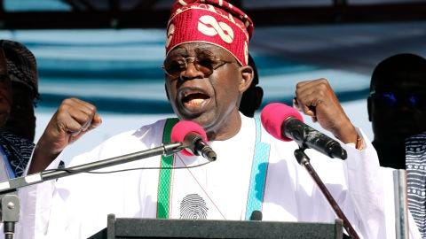 Bola Ahmed Tinubu, Presidential candidate of the All Progressives Congress, Nigeria ruling party speaks during the flag off campaign ahead of the 2023 Presidential election in Jos, Nigeria, Tuesday, Nov. 15, 2022. (AP Photo/Emmanuel Osodi) Bola Ahmed Tinubu, Presidential candidate of the All Progressives Congress, Nigeria ruling party speaks during the flag off campaign ahead of the 2023 Presidential election in Jos, Nigeria, Tuesday, Nov. 15, 2022. (AP Photo/Emmanuel Osodi)