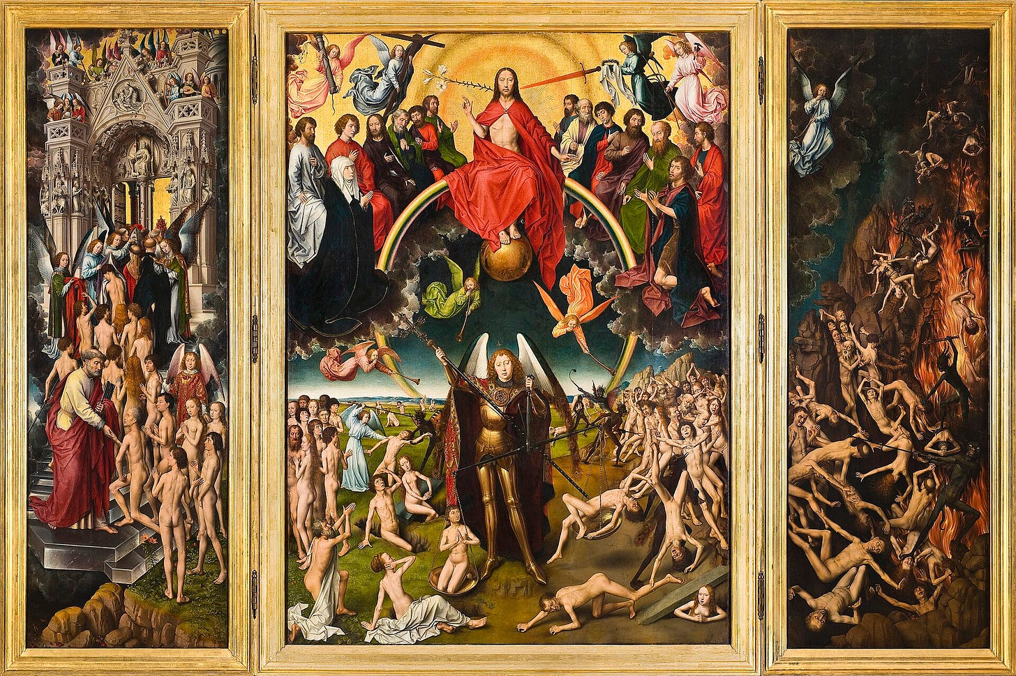 An open triptych of the Last Judgment, with Christ above, the archangel Michael weighing souls, heaven on the left and hell on the right An open triptych of the Last Judgment, with Christ above, the archangel Michael weighing souls, heaven on the left and hell on the right
