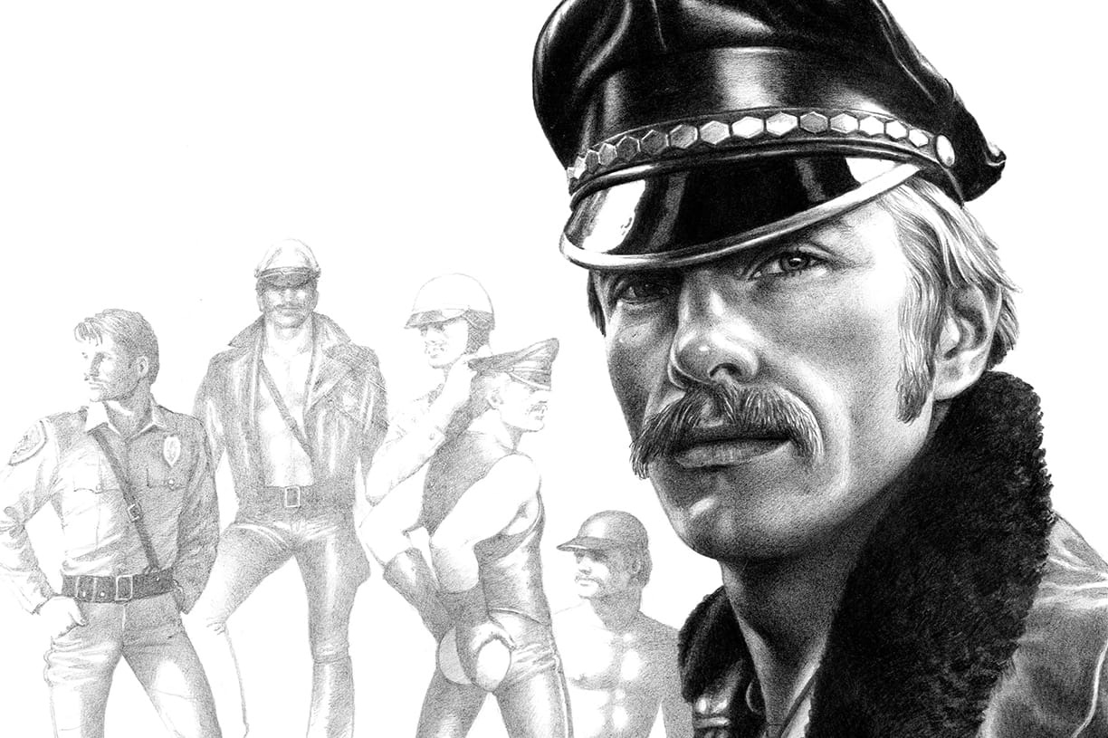 An archival sketch by queer artist Tom of Finland of a man in a leather cap with additional figures behind him.