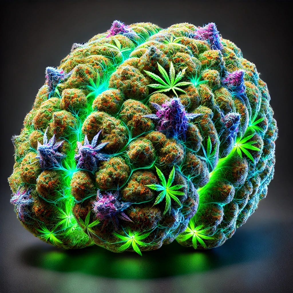 A hyper-realistic human brain made entirely of marijuana buds and leaves, with extreme detail and photorealistic textures. The brain should have a lifelike, organic appearance, with each cannabis leaf and bud intricately woven into the folds and ridges of the brain. The fluorescent colors should be vivid but natural-looking, with glowing hues of electric green, deep purple, and neon blue. The lighting should create realistic shadows and depth, making the brain appear as if it could be physically touched. The background should be dark and subtly textured to enhance the realism and focus on the brain as the main subject.