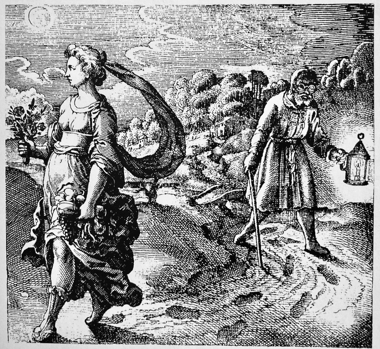A woodcut print of a philosopher wearing goggles and carrying a cane and a lantern following the footprints of a woman representing the Anima Mundi away from a town. The woman holds a bouquet of flowers in one hand and fruits in the other.