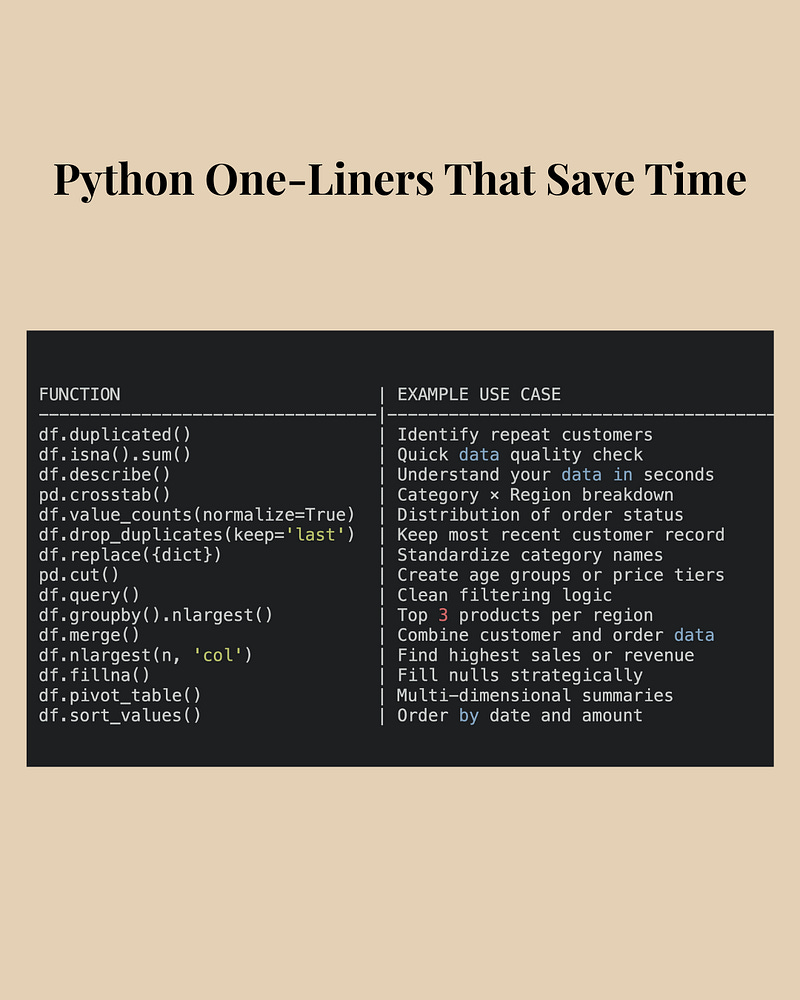 KarinaDataScientist (@karinadatascientist): "15 Python one-liners I use ...