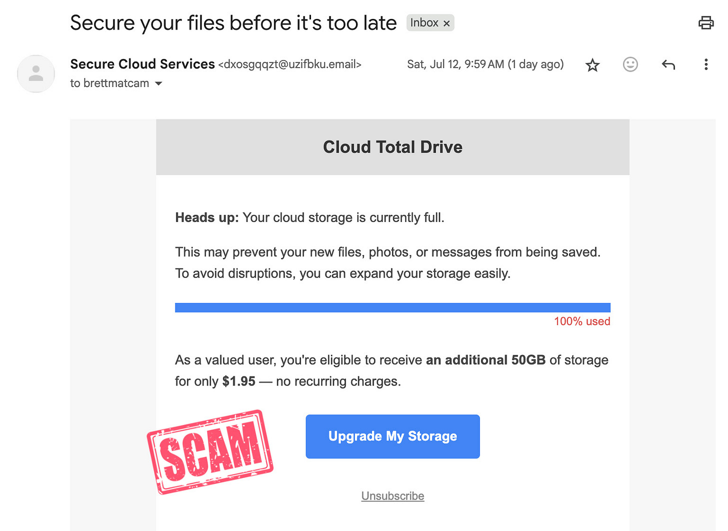 Email urges you to upgarde storage to secure your files