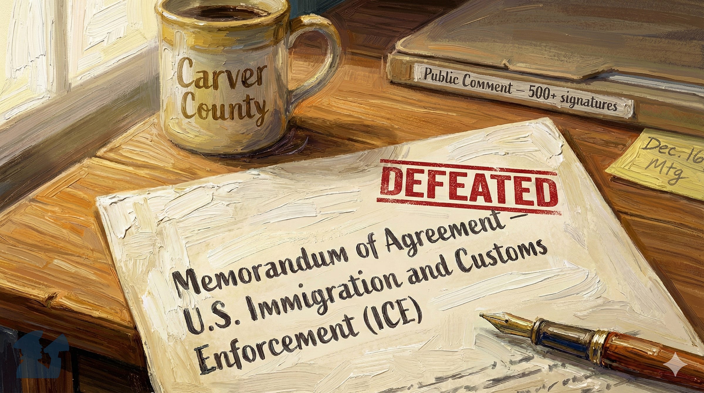 Painting of a wooden desk with a 'Memorandum of Agreement – U.S. Immigration and Customs Enforcement (ICE)' document stamped 'DEFEATED'. A 'Carver County' mug, a folder labeled 'Public Comment – 500+ signatures', a pen, and a 'Dec. 16 Mtg' sticky note are also on the desk. Painting of a wooden desk with a 'Memorandum of Agreement – U.S. Immigration and Customs Enforcement (ICE)' document stamped 'DEFEATED'. A 'Carver County' mug, a folder labeled 'Public Comment – 500+ signatures', a pen, and a 'Dec. 16 Mtg' sticky note are also on the desk.