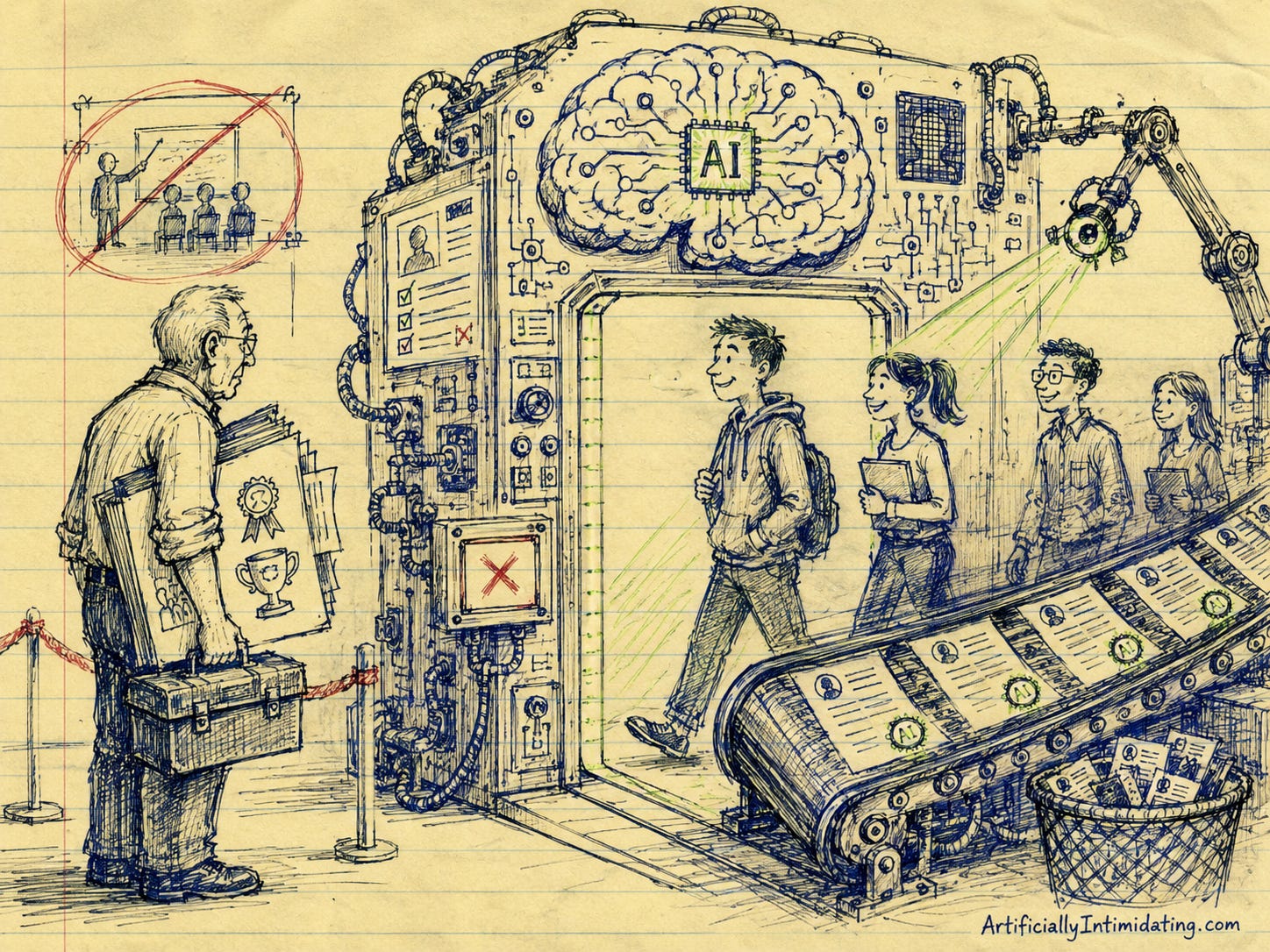 AI Created Hand-drawn editorial sketch on yellow legal-pad paper showing an older office worker carrying boxes of awards, paperwork, and decades of experience while standing outside a giant AI hiring checkpoint. Younger applicants casually pass through the glowing machine as robotic scanners inspect resumes for tiny AI symbols. A conveyor belt feeds AI-approved resumes into the system while rejected resumes pile into a trash bin nearby. The oversized AI brain and mechanical gate dominate the composition, emphasizing how hiring systems prioritize AI familiarity over experience.