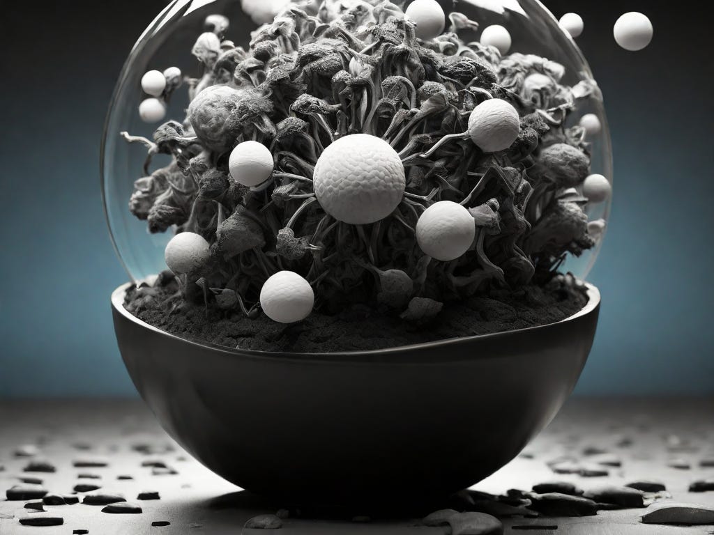 Hand-crafted bowl with soil and a bubble over it filled with plants and mushrooms, with a dark blue background