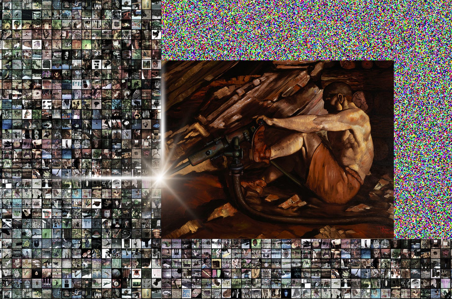 A digital collage combining a historical painting of a miner with a large grid of small online images. At the center, a muscular miner works underground with a heavy drill inside a dark tunnel. To the left and along the bottom, hundreds of tiny square images form a dense mosaic, suggesting scraped internet content. A bright beam of light connects the image grid to the miner’s drill. On the right, a block of colorful digital noise contrasts with the detailed painting, reinforcing the link between physical mining and data extraction. A digital collage combining a historical painting of a miner with a large grid of small online images. At the center, a muscular miner works underground with a heavy drill inside a dark tunnel. To the left and along the bottom, hundreds of tiny square images form a dense mosaic, suggesting scraped internet content. A bright beam of light connects the image grid to the miner’s drill. On the right, a block of colorful digital noise contrasts with the detailed painting, reinforcing the link between physical mining and data extraction.