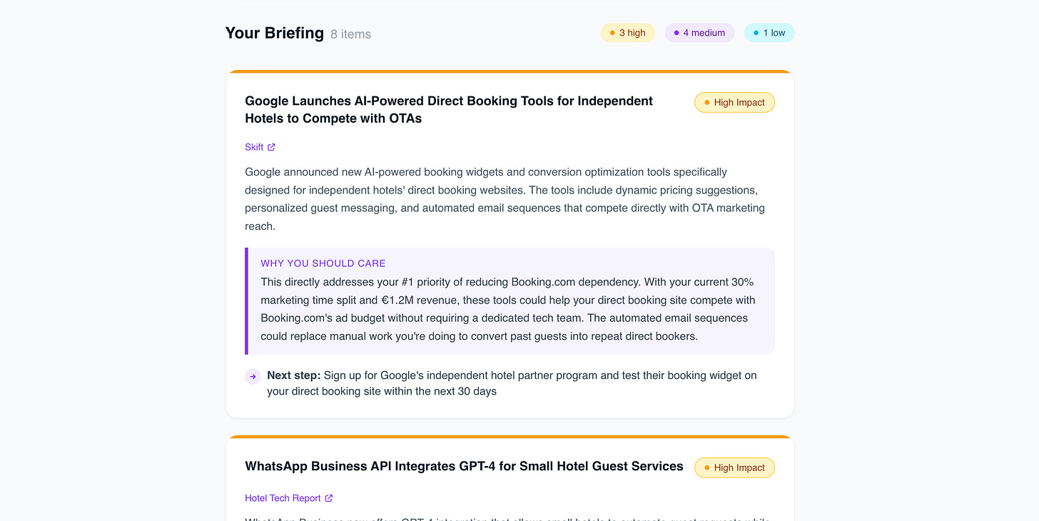 Claude Cowork AI news briefing app output showing personalized results for a hotel business, with 8 news items sorted by impact level, including headlines, sources, why you should care sections, and next steps