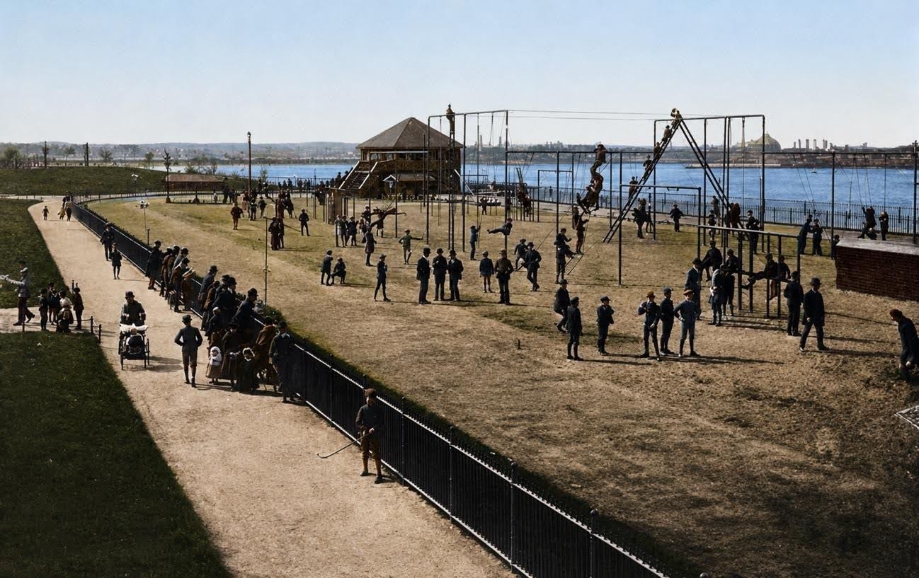Children and adults gather at one of the lively playgrounds by the river, enjoying swings, seesaws, and a large climbing structure on a clear day. Children and adults gather at one of the lively playgrounds by the river, enjoying swings, seesaws, and a large climbing structure on a clear day.