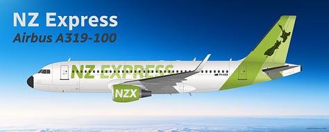 The jetliners most commonly used to operate on NZ Express' trans-Tasman route network to Australia: (1) (1) Airbus A318 (since 2009), (2) Airbus A319ceo (since 2009), and (3) Aria T102 Transonic (since 2024) - all shown in side view while in midflight.