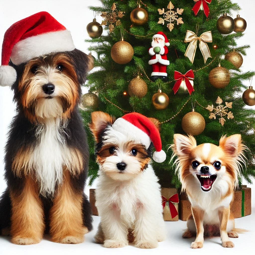 A.I. generated photo of A Christmas tree with a Biewer Terrier puppy and a Havanese sitting to one side of the tree, and a snarling Chihuahua sitting on the opposite side of the tree. The Biewer Terrier is happy and wearing a Santa hat, the Havanese is scowling, and the Chihuahua is snarling.