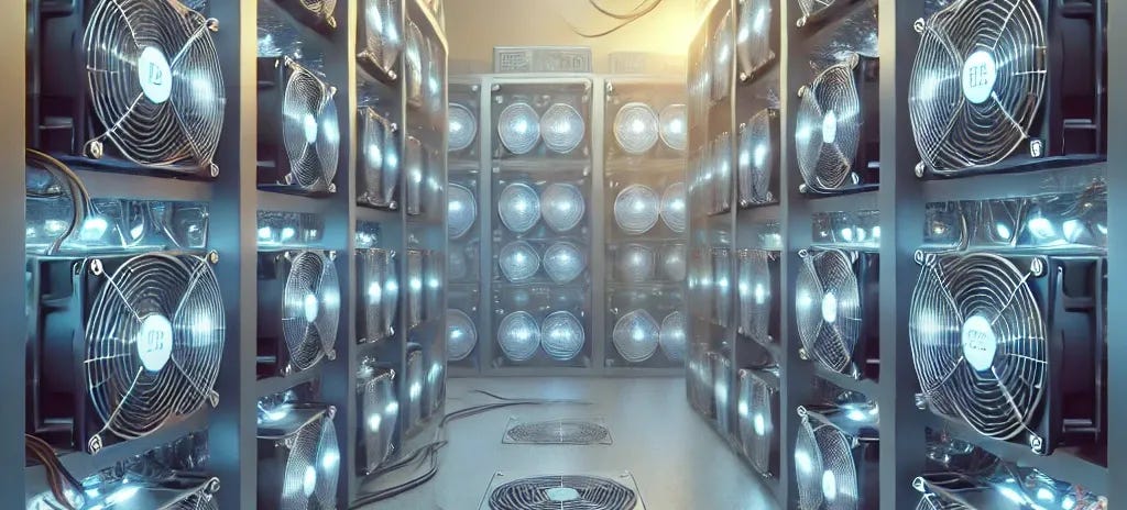 A realistic image of Bitcoin miners in action — rows of ASIC mining rigs with blinking lights inside a high-tech, industrial-style data center. The room has cooling fans, cables, and a soft glow from the equipment. The environment is clean and organised, with a slight blue tint to represent advanced technology. No people are present, just the hardware operating efficiently.