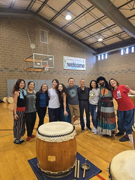 Glimpses: 1. HET + Searchlights BTS. 2. MBT Chicago bon odori. 3. HET at a post- Ginza fest break. 4. At Ginza festival with Masahiro Kawakami (tenugui craftsman). 5. kaDON krew. 6. Tawoo Taiko workshop in Chicago! 7. Teaching the awesome Teien no Taiko group of Rockford, IL. 8. Kaoly and Eri's kaDON intensive! 9. kaDON fam! 