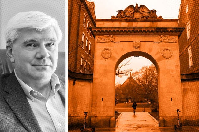 A headshot of Roberto Serrano next to an image of a gate into Brown University's campus.