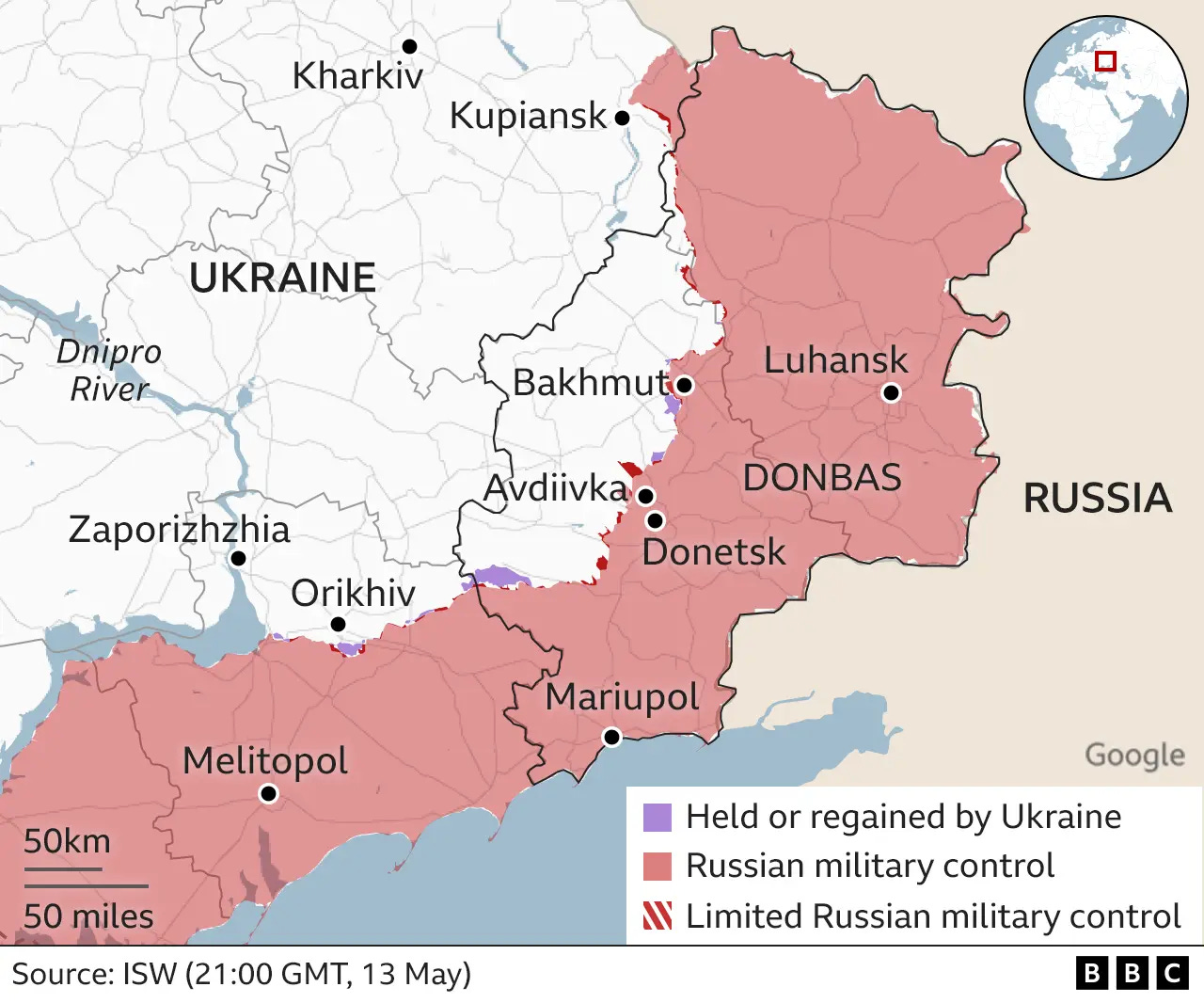 Map showing section of front line in the east Map showing section of front line in the east
