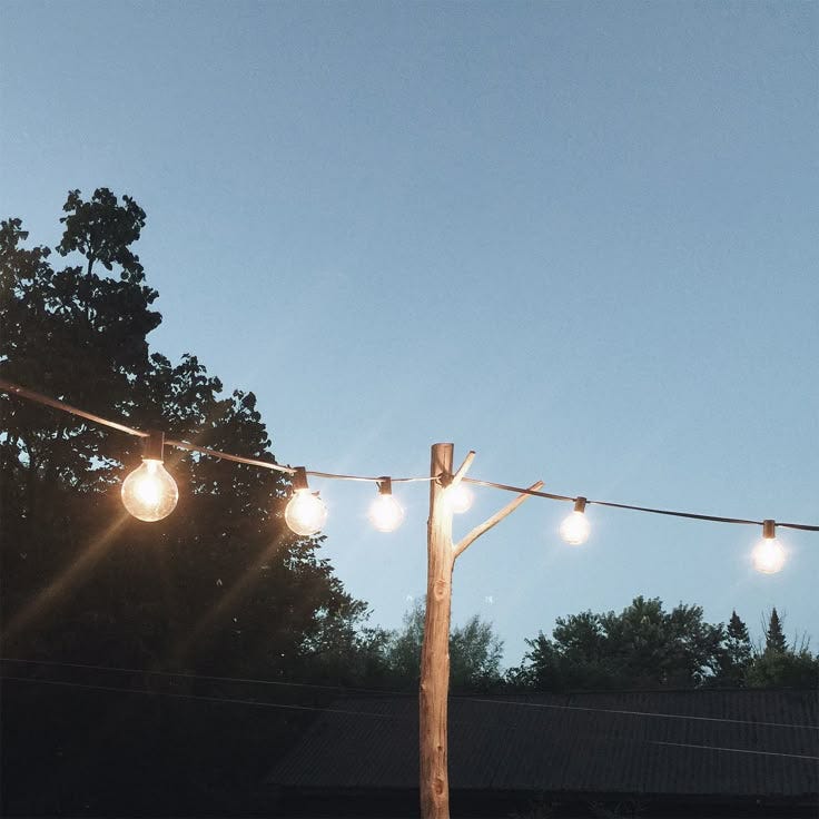 This may contain: some lights are hanging from a wooden pole and there is no image on the page This may contain: some lights are hanging from a wooden pole and there is no image on the page