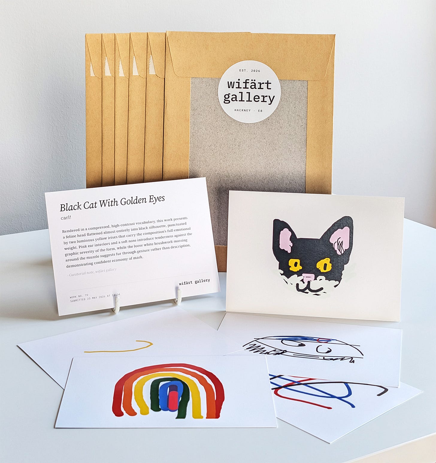 A Print Club parcel: the print 'Black Cat With Golden Eyes' beside its printed curatorial note, further prints from the collection, and the kraft envelopes they are posted in. A Print Club parcel: the print 'Black Cat With Golden Eyes' beside its printed curatorial note, further prints from the collection, and the kraft envelopes they are posted in.