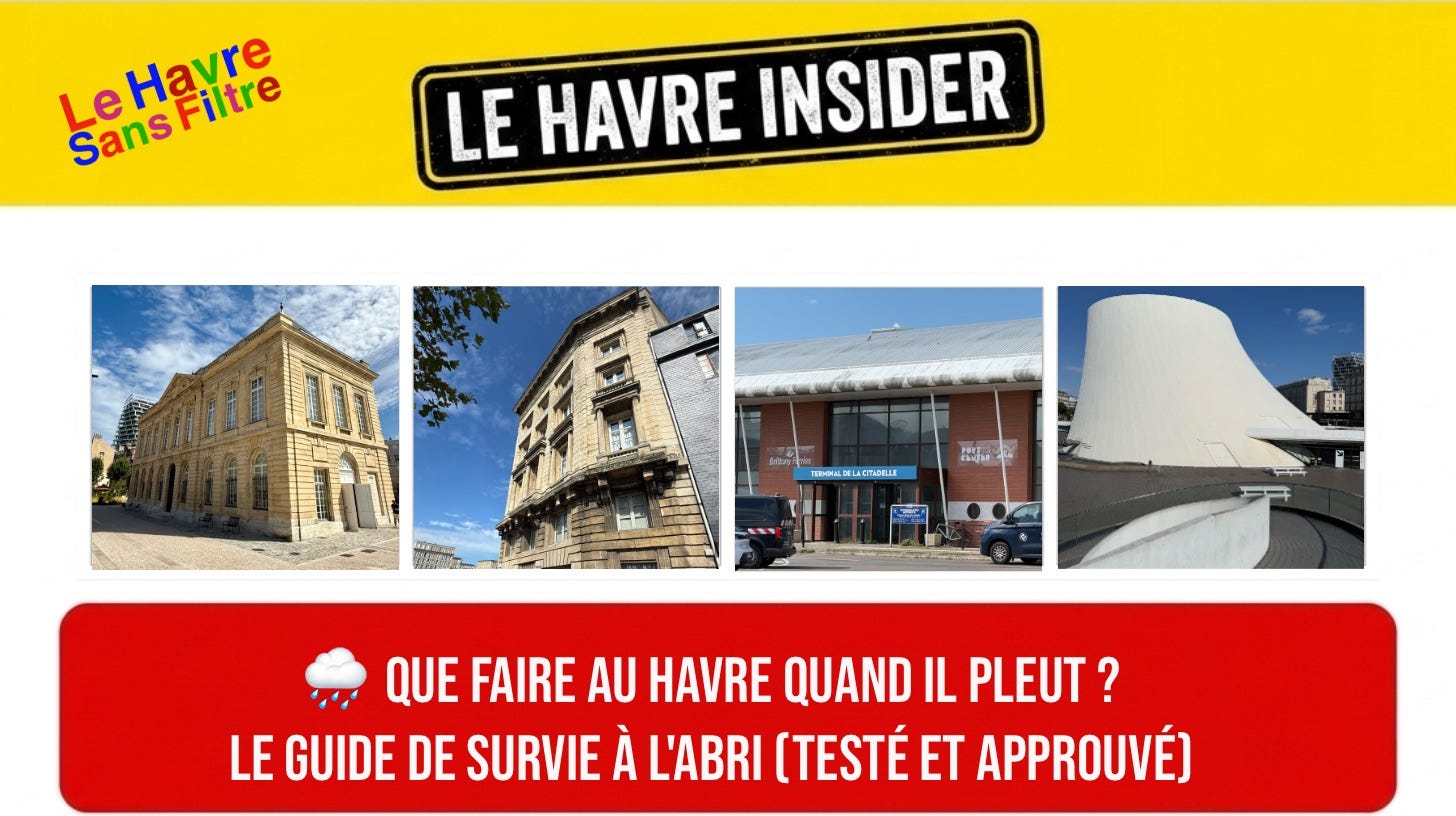 Une de la page 🌧️ Que faire au Havre quand il pleut ? avec image du Museum, de la Maison de l'armateur, LH Port Center et le Volcan