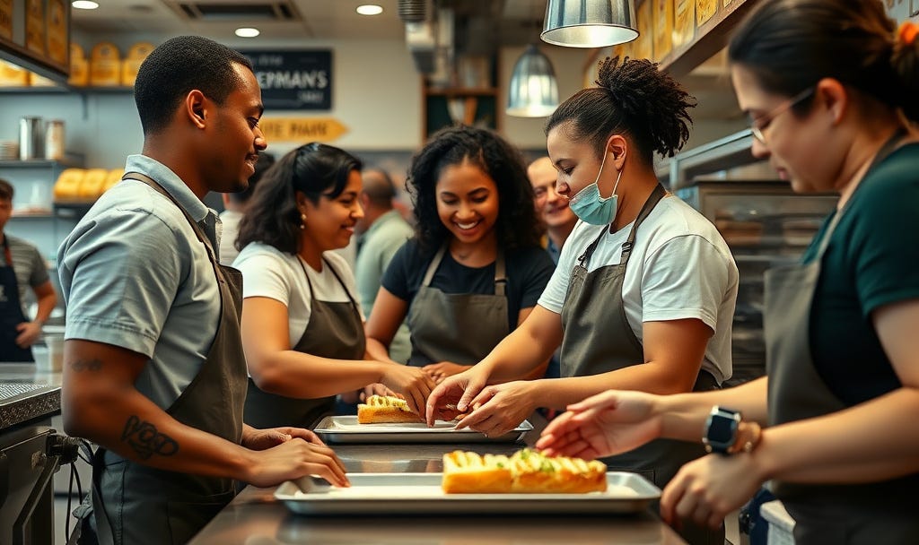 busy sandwich counter at Zingerman's Delicatessen in Ann Arbor during peak lunch rush. Show a close up of a diverse team of staff in aprons working together quickly and smoothly: Multiple staff members (diverse group in aprons) are actively engaged at the counter—handing off sandwiches, interacting closely, with clear eye contact and smiles. It shows the "quick nods, shared glances, finishing each other's sentences" you describe, creating that "shared electricity" and "attuned presence." Shows how to flourish through the use of gardener leadership busy sandwich counter at Zingerman's Delicatessen in Ann Arbor during peak lunch rush. Show a close up of a diverse team of staff in aprons working together quickly and smoothly: Multiple staff members (diverse group in aprons) are actively engaged at the counter—handing off sandwiches, interacting closely, with clear eye contact and smiles. It shows the "quick nods, shared glances, finishing each other's sentences" you describe, creating that "shared electricity" and "attuned presence." Shows how to flourish through the use of gardener leadership