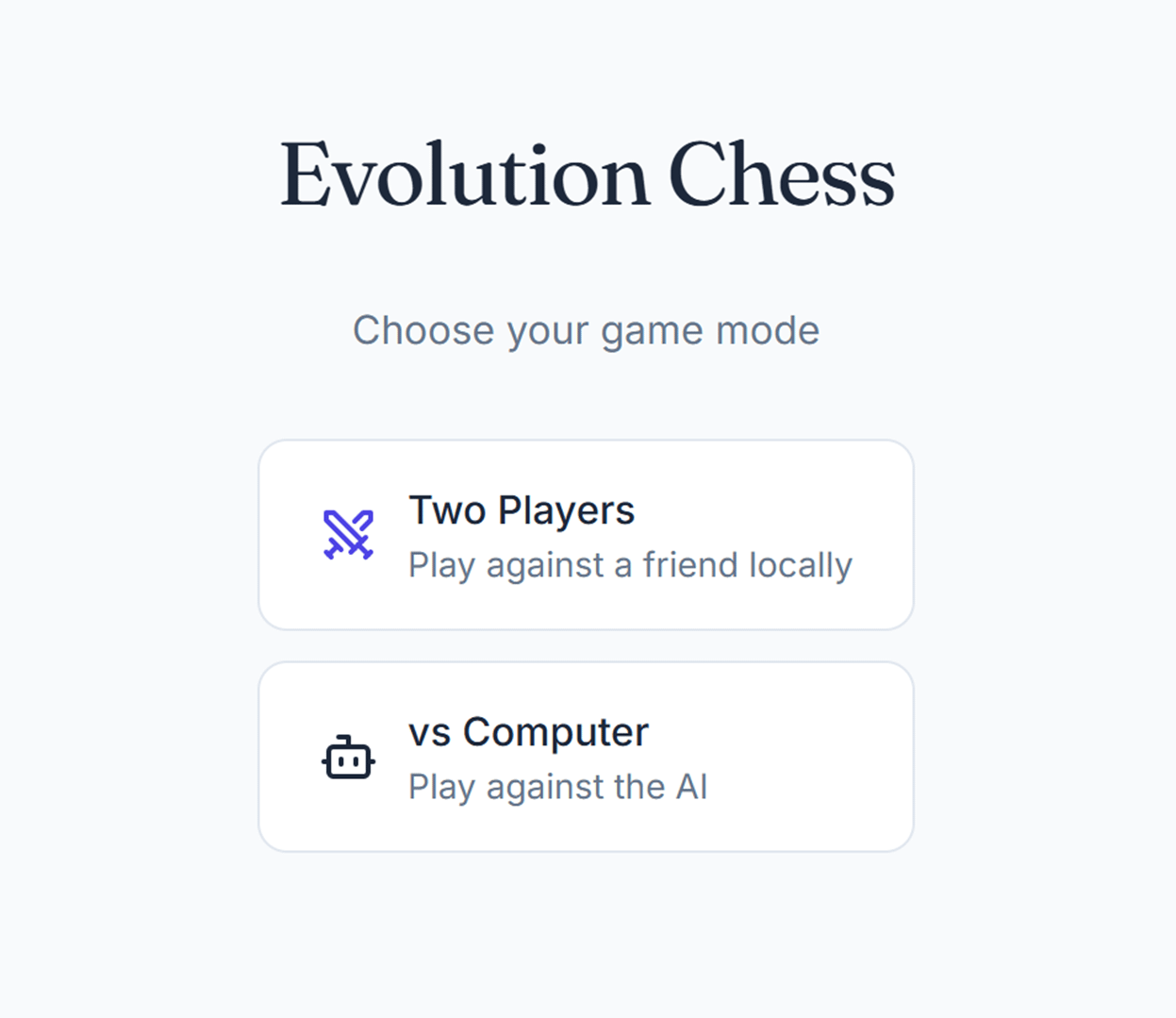The image is a user interface for a chess application with options to choose between playing against a friend locally or against a computer.

AI-generated content may be incorrect.