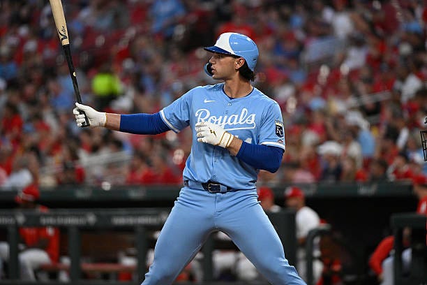 Jac Caglianone of the Kansas City Royals during an at bat against the St. Louis Cardinals at Busch Stadium on June 3, 2025 in St Louis, Missouri.