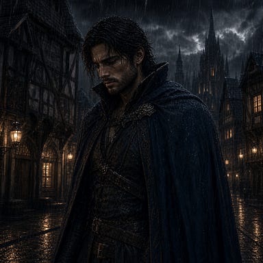 Fleetwood standing in a rain‑dark Barovian street, fully human, brooding angular features, storm‑steel eyes, dark tousled hair, short well‑kept beard, broad‑shouldered lean build, heavy storm‑blue cloak and worn traveler’s armor, expression thoughtful and somber as he reflects on the consequences of his actions