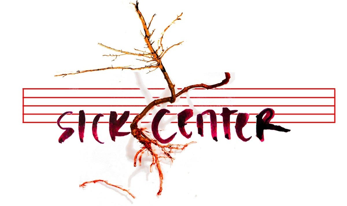 A vein or root system sits against a red music staff, like a form of sheet music. In what looks like blood, handwriting says SICK CENTER.
