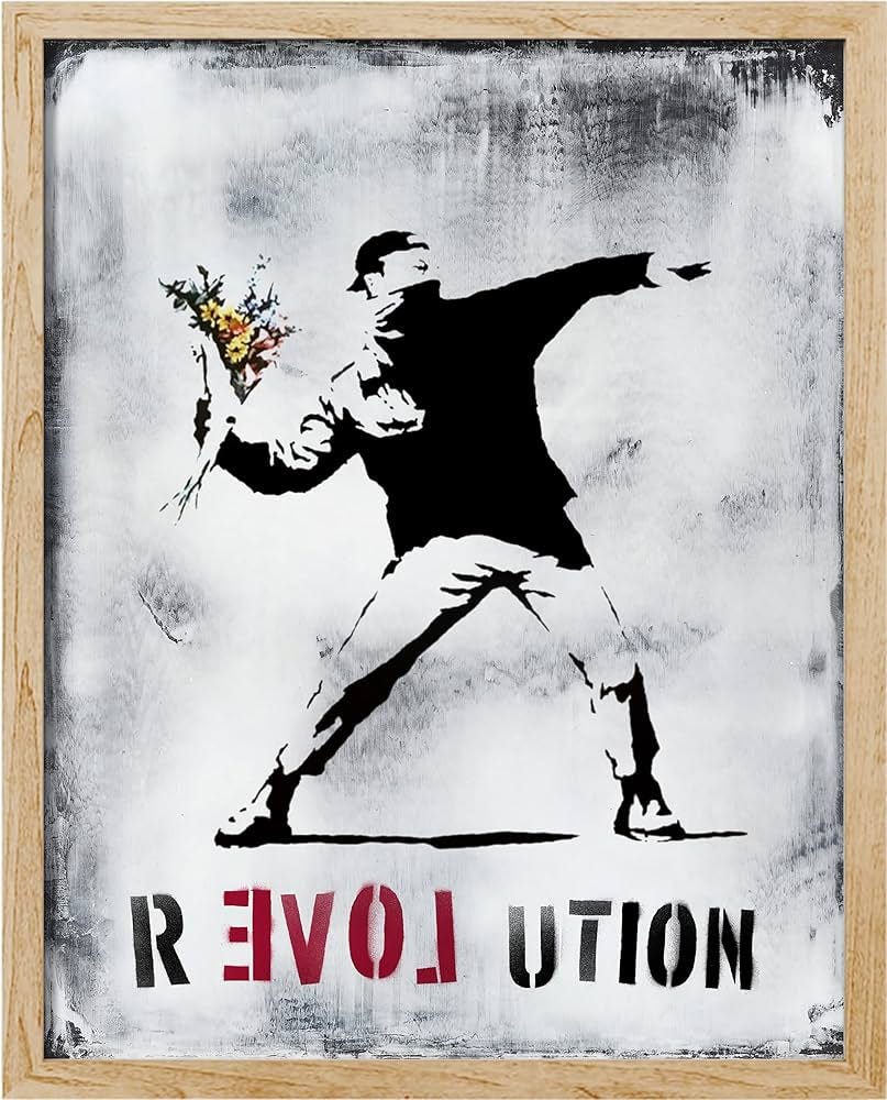 Amazon.com: SIGNWIN Framed The Revolution, Man in Black Throwing Flowers  Wall Art, Creative, Banksy Graffiti, Cement Gray Wall Decor Prints,  Inspirational Wall Décor for Living Room, Bedroom - 8"x10" Natural: Posters  &