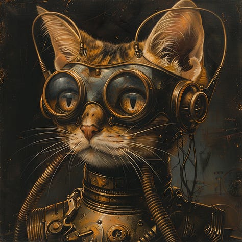 Cat, bicycle, farm + atompunk in Midjourney