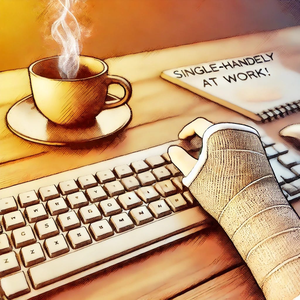 An artistic illustration of a hand in a cast, resting on a keyboard, with faint wisps of steam rising from a cup of coffee nearby. The scene is set on a wooden desk, bathed in warm, soft light, evoking a sense of resilience and determination. The background is slightly blurred, with subtle elements like a notebook, pen, and a voice recorder hinting at the creative process. A small detail adds humor, such as a sticky note on the desk that reads 'Single-handedly at work!' The overall tone is warm and inviting.