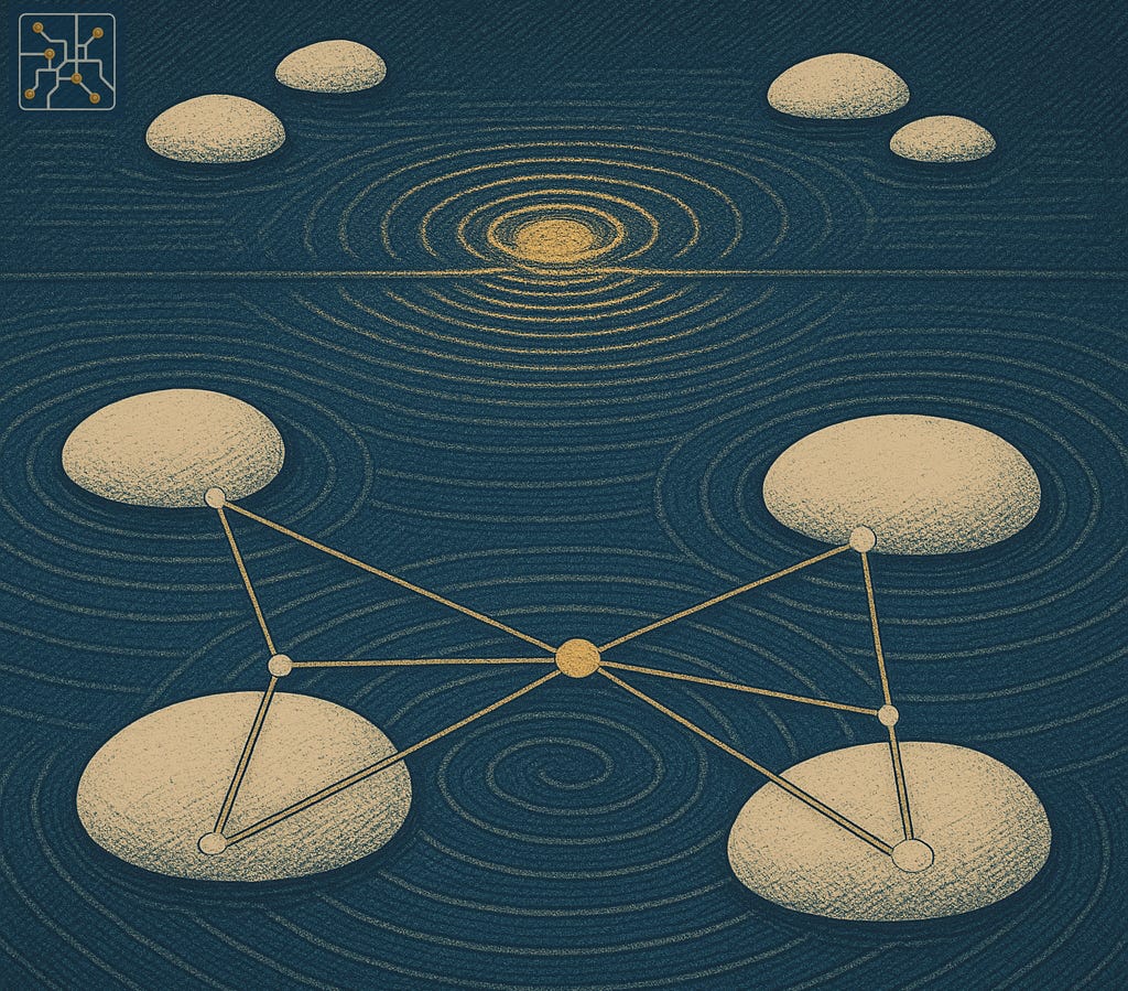 Minimalist illustration of smooth off-white stones on a deep blue field. Concentric golden ripples originate between the stones and pass through a faint horizontal ridge, suggesting a barrier. Thin golden lines connect stones on each side like a subtle network.