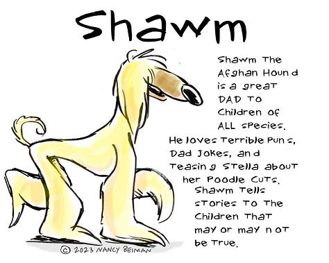 Kate Buffet, Floof the Kitten, Shawm the Afghan Hound, Stella the Poodle, Sirius the Puppy and descriptions of their personalities.