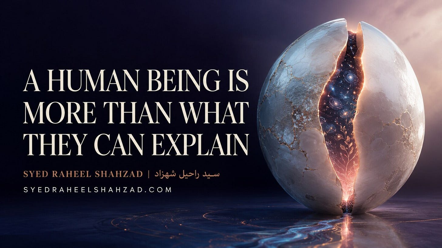 A semi-opaque pearl form reveals a narrow luminous inner cosmos, symbolizing a human life that exceeds every available explanation.