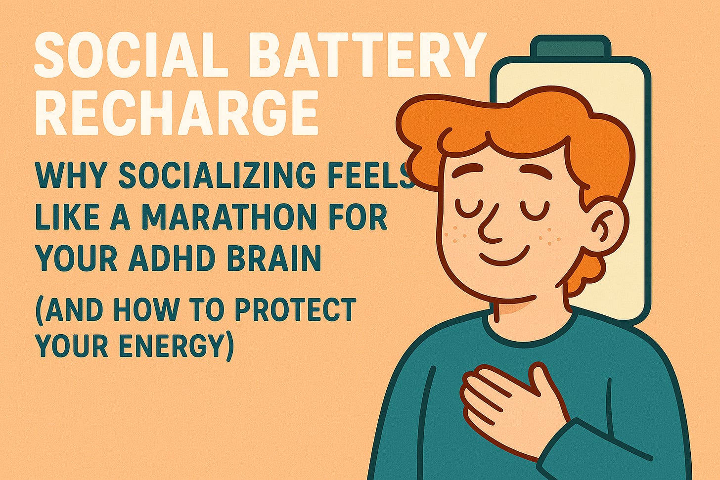 Create a thumbnail for the topic "🔋 Social Battery Recharge: Why Socializing Feels Like a Marathon for Your ADHD Brain (And How to Protect Your Energy)" featuring a friendly character and smooth colors.