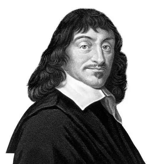 retrato realista em preto e branco de um homem branco, de cabelos pretos, cavanhaque e roupas pretas, Renee Descartes