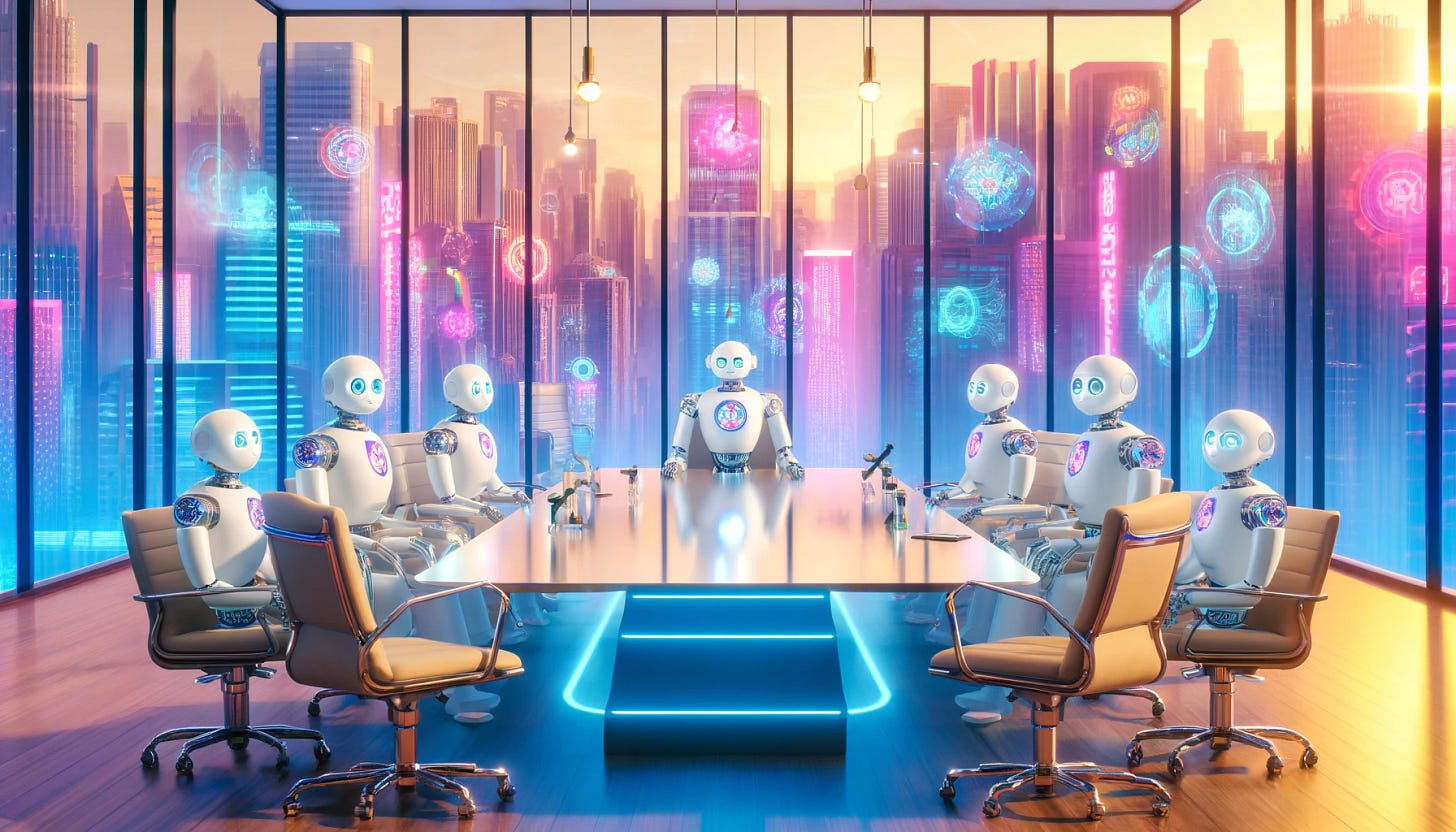 Robots sitting around a boardroom table